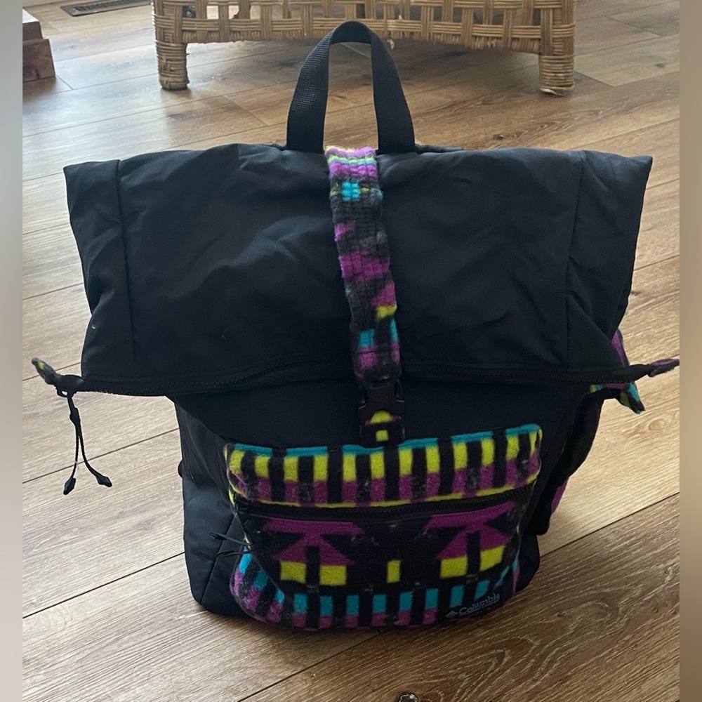 Columbia Vintage Black Bag with Vibrant Patterned Accents
